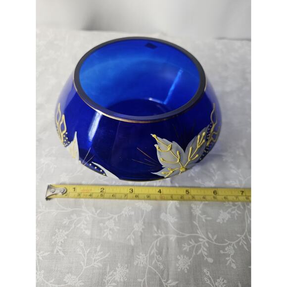 Bohemian Art Glass Short Vase in Cobalt Blue with Enameled Flowers & Gold Detail - Picture 8 of 10